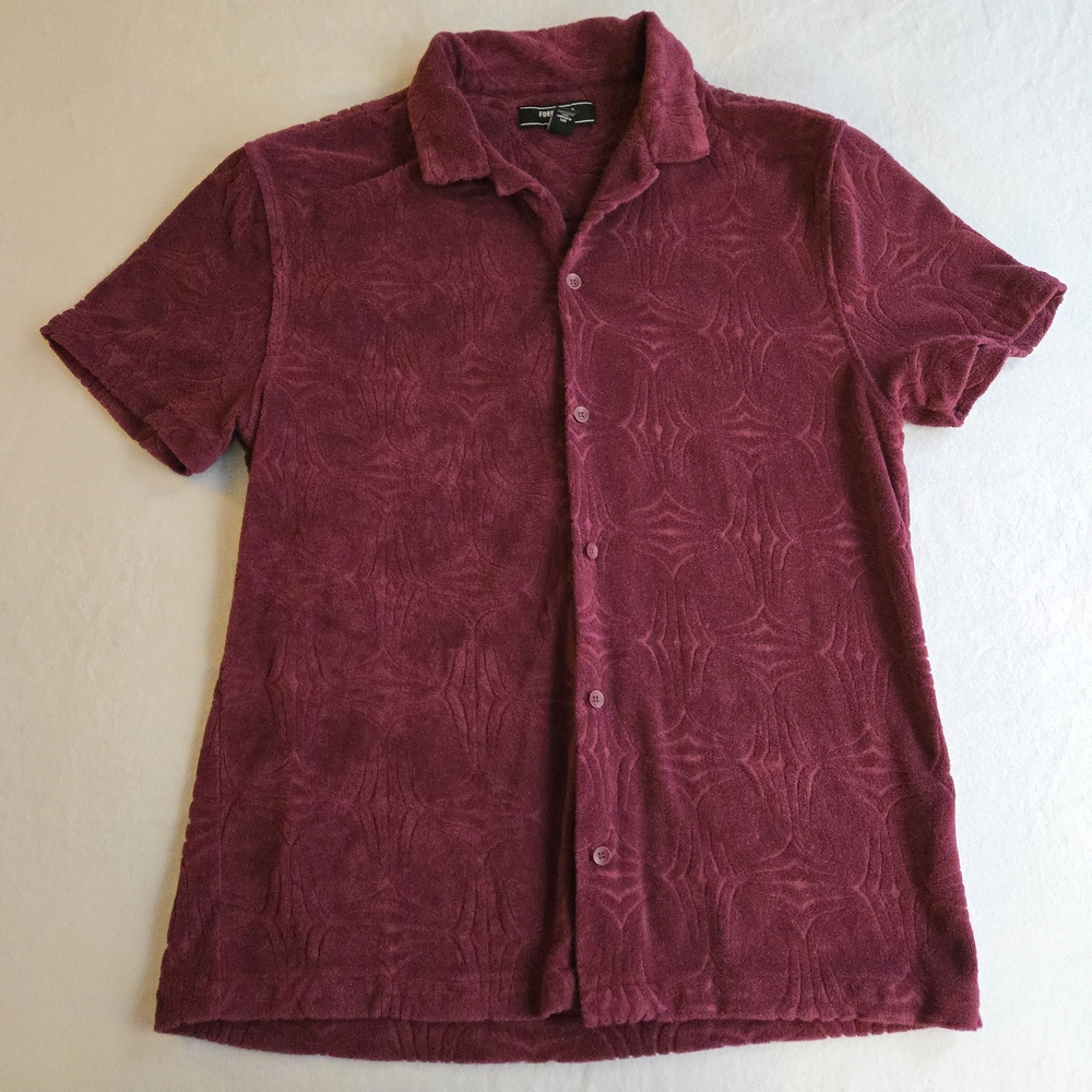 Forever 21 Burgundy Sangria Textured Terry Short Sleeve Button Down Red HAL3